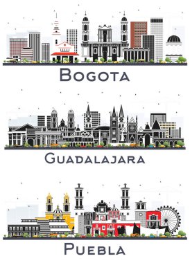 Guadalajara, Puebla Meksika ve Bogota Kolombiya Şehir siluetleri Beyaz Binalar üzerinde izole edilmiş. 