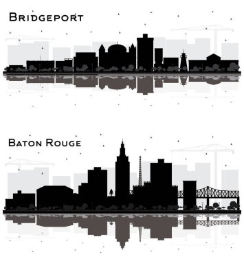 Baton Rouge Louisiana ve Bridgeport Connecticut City Skylines seti. Siyah Binalar ve Yansımalar Beyazlar 'da izole edilmiş. ABD Şehir manzarası.