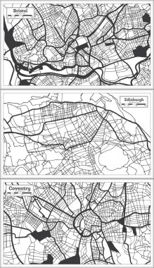 Edinburgh, Coventry ve Bristol Büyük Britanya Şehir Haritası Siyah ve Beyaz Renkli Retro Style. Özet Haritası.