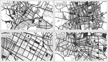Ciudad Nezahualcoyotl, Aguascalientes, Ciudad Juarez ve Chihuahua Mexico City Haritaları Retro Style 'da Siyah ve Beyaz Renkli. Özet Haritalar.