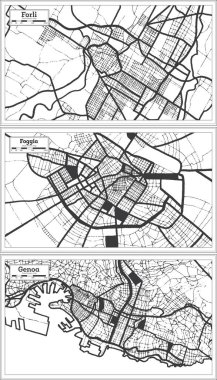 Foggia, Genoa ve Forli İtalya Şehir Haritası Retro Style 'da Siyah ve Beyaz Renkli. Özet Haritası.