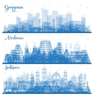 Madurai, Jodhpur ve Gurgaon India City Skyline Set with Blue Buildings.