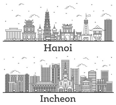 Incheon Güney Kore ve Hanoi Vietnam Şehri Skylines seti Modern ve Tarihi Binalar beyaza izole edilmiştir. Yer İmlerine sahip şehir manzarası.