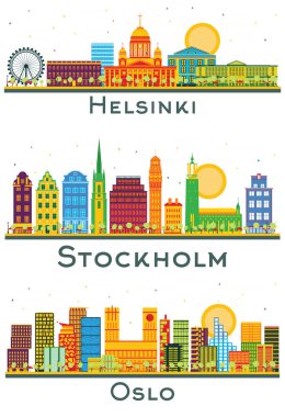 Stockholm, İsveç, Oslo Norveç ve Helsinki Finlandiya City Skylines Set ve Renkli Binalar Beyazlar 'da izole edildi. Şehir simgelerine sahip şehirler.