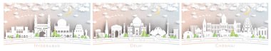 Delhi, Chennai and Hyderabad India City Skyline Set in Paper Cut Style with Snowflakes, Moon and Neon Garland. clipart