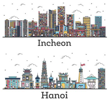Incheon Güney Kore ve Hanoi Vietnam Şehri Skylines set ve Renk Binaları beyaza izole edilmiş. Yer İmlerine sahip şehir manzarası.