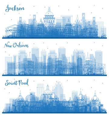 New Orleans Louisiana, Saint Paul Minnesota ve Jackson Mississippi City Skylines 'ın ana hatlarıyla Blue Buildings.