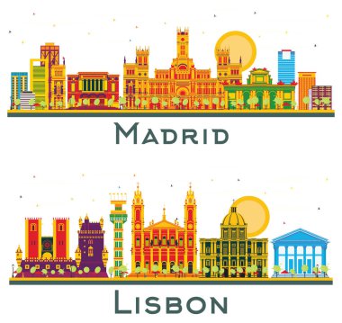 Lizbon Portekiz ve Madrid İspanya Şehri Beyaz Renk Binaları İzole Edilmiş Skyline.