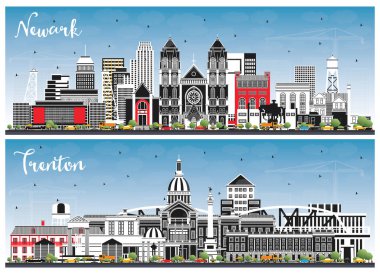 Trenton ve Newark New Jersey City Skylines. Renkli Binalar ve Mavi Gökyüzü ile. Şehir simgeleriyle dolu şehir manzaraları. Modern Mimariyle İş Seyahati ve Turizm Konsepti.
