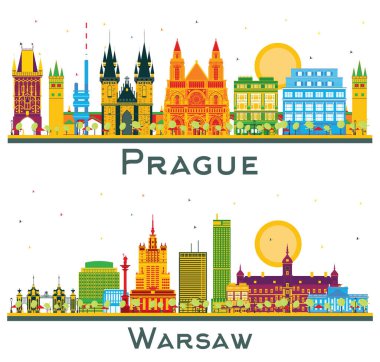Varşova Polonya ve Prag Çek Cumhuriyeti Şehri Skyline Set ve Beyaz Renkli Binalar.