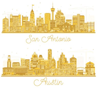 Austin ve San Antonio Teksas ABD Şehri Skyline Silueti Beyaz Binalar İzole edilmiş.