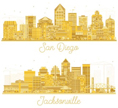 Jacksonville Florida ve San Diego California ABD Şehri Skyline Silueti Beyaz Binalar İzole edilmiş.