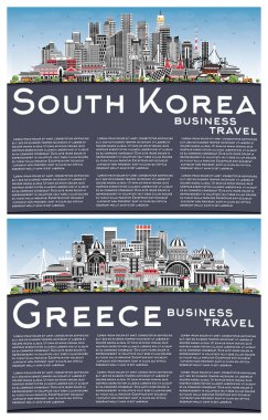 Yunanistan ve Güney Kore City Skylines ile Gray Buildings, Blue Sky ve Copy Space. Şehir simgeleriyle dolu şehir manzaraları. Seul. Atina. Selanik. Devriyeler..