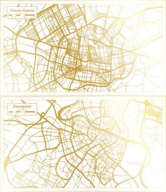 Zaragoza ve Vitoria Gasteiz İspanya Şehir Haritası Altın Renkli Retro Stili ile hazırlanmıştır. Özet Haritası.