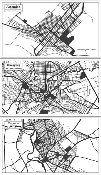 Bayamo Artemisa Camaguey Küba Şehir Haritası Retro Style Siyah Beyaz — Stok fotoğraf