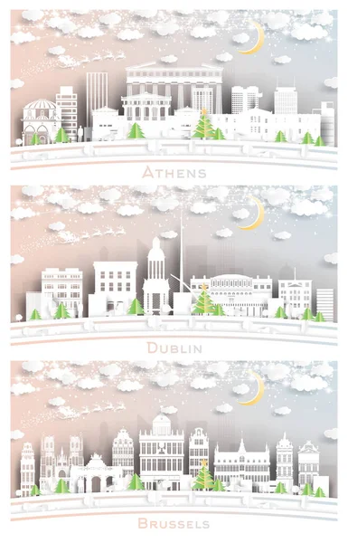 Dublín Irlanda Bruselas Bélgica Atenas Grecia City Skylines Set Paper — Foto de Stock