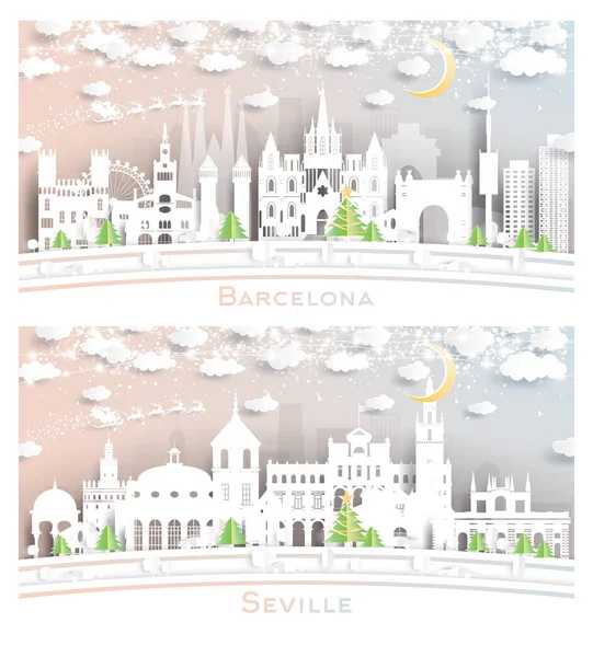 Sevilla Barcelona Spanyolország City Skyline Set Paper Cut Style Snowflakes — Stock Fotó