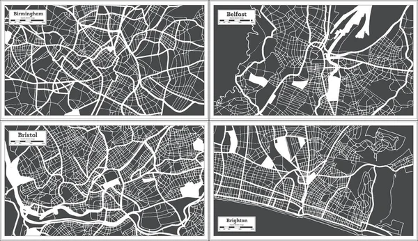 Карты Городов Великобритании Бристоль Белфаст Брайтон Бирмингем Выполнены Черно Белом — стоковое фото