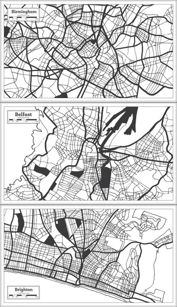 Belfast Brighton Birmingham Mapa Ciudad Gran Bretaña Set Black White —  Fotos de Stock