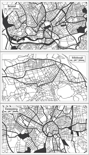 Edinburgh Coventry Bristol Storbritannien City Map Set Sort Hvid Farve - Stock-foto