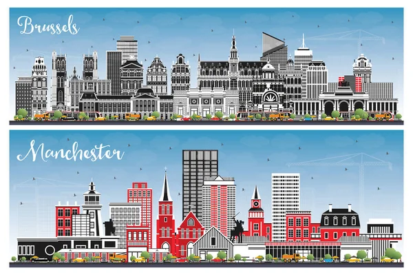 Manchester New Hampshire Bruselas Bélgica City Skylines Set Con Edificios — Foto de Stock