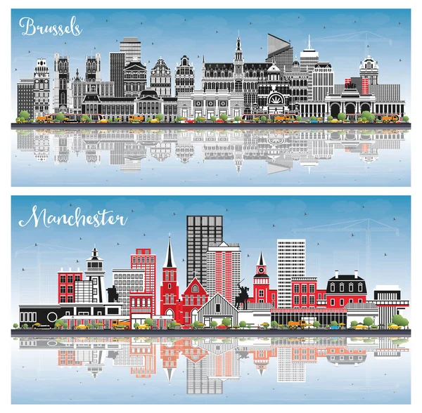 Brussels Belgium Manchester New Hampshire City Skylines Set Color Buildings — 스톡 사진