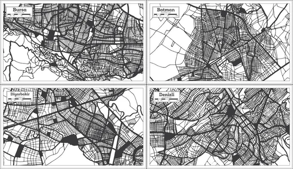 Diyarbakir Batman Denizli Och Bursa Turkey City Maps Set Black — Stockfoto