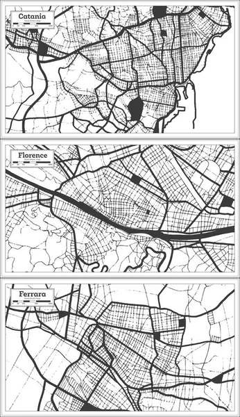 フィレンツェ フェラーラとカターニアイタリア市地図レトロスタイルで黒と白の色に設定します 概要図 — ストック写真