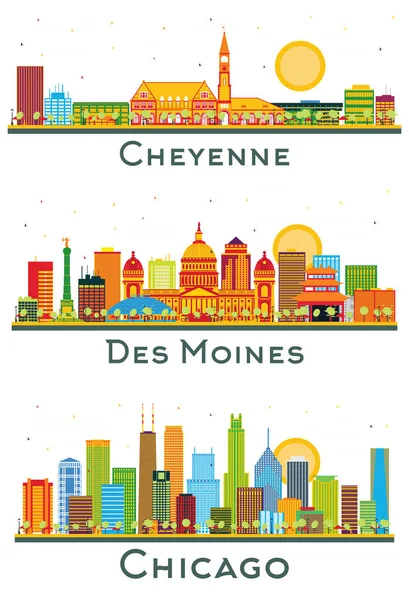 Des Moines Iowa Chicago Illinois Cheyenne Wyoming City Skyline Set — Stockfoto