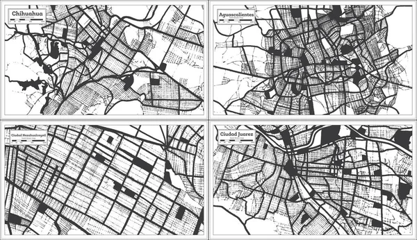 Ciudad Nezahualcoyotl, Aguascalientes, Ciudad Juarez ve Chihuahua Mexico City Haritaları Retro Style 'da Siyah ve Beyaz Renkli. Özet Haritalar.