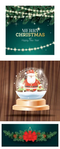 雪とサンタクロースとクリスタルボールとクリスマスセット ネオンガーランドとフェアブランチとコーンと火の木の枝に赤い弓で装飾 — ストック写真