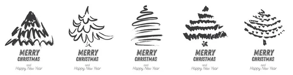 Christmas Tree Sketch Set Isolated White Background Merry Christmas Silhouette — Stock Photo, Image