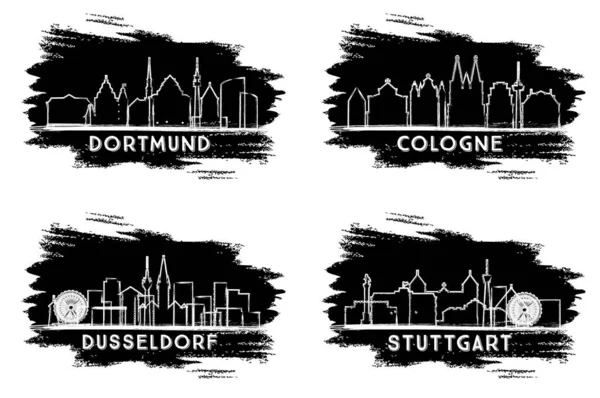 Dusseldorf Colônia Estugarda Dortmund Alemanha Cidade Skyline Silhouettes Set Desenho — Fotografia de Stock