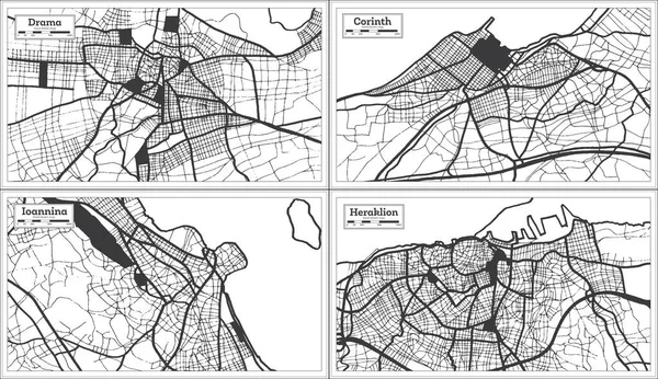 イオアニナ コリントス イラクリオンとドラマギリシャの都市地図レトロなスタイルで黒と白の色に設定します マップ — ストック写真