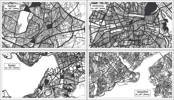 Izmir Gaziantep Estambul Gebze Turquía Mapas Ciudad Set Black White —  Fotos de Stock