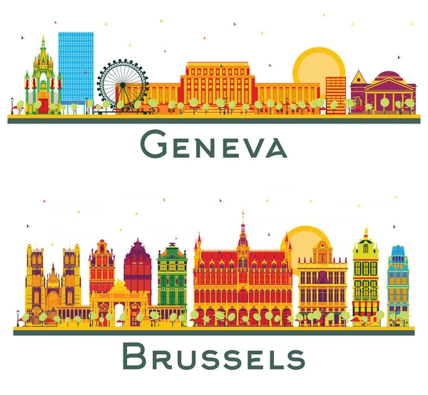 Bruselas Bélgica Ginebra Suiza City Skyline Set Con Edificios Colores —  Fotos de Stock