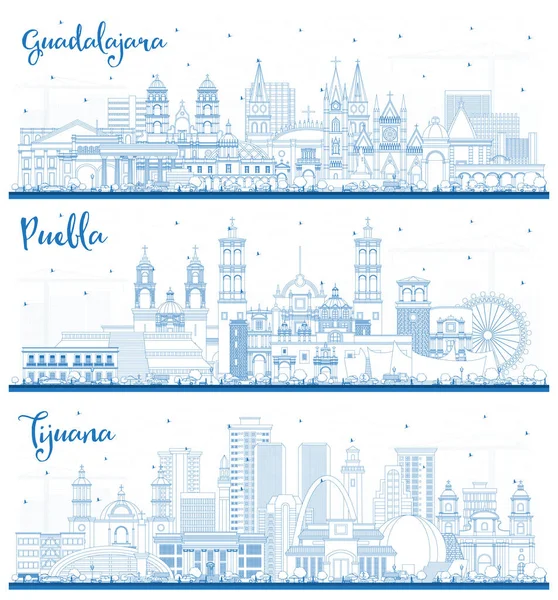 Outline Tijuana, Puebla, Guadalajara Mexico City Skylines with Blue Buildings. Tourism Concept with Historic and Modern Architecture. Cityscape with Landmarks.