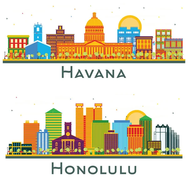 Honolulu Hawaii Havana Cuba City Skyline Set Color Buildings Isolated — Stock Photo, Image