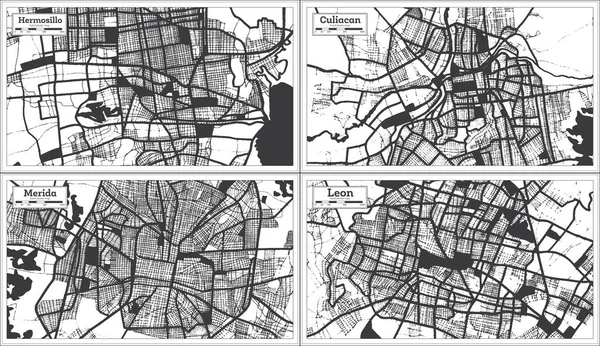 Merida Culiacan Leon Hermosillo Mexico City Maps Set Black White — Stock Photo, Image