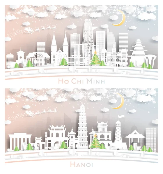 Hanoi Und Chi Minh Vietnam City Skyline Papierschnitt Stil Mit — Stockfoto
