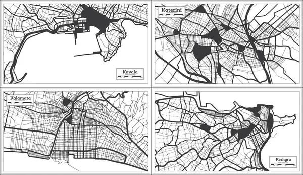 Kalamata Katerini Kerkyra Och Kavala Greece City Maps Set Black — Stockfoto