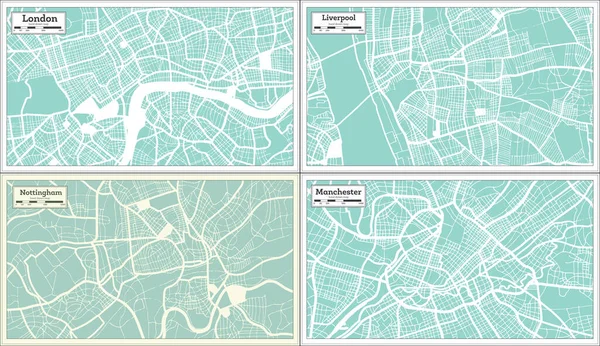 Nottingham Liverpool Manchester Londen City Maps Retro Stijl Overzicht Van — Stockfoto