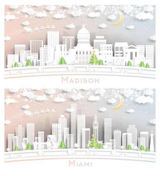 Miami Florida Und Madison Wisconsin City Skyline Papierschnitt Stil Mit — Stockfoto