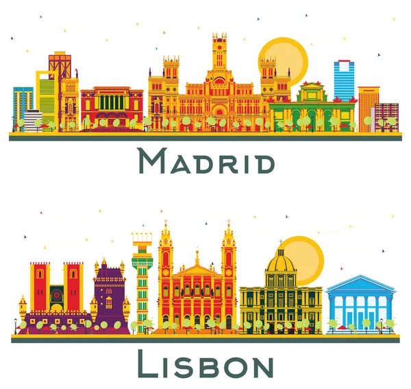 Lissabon Portugal Und Madrid Spanien City Skyline Mit Farbigen Gebäuden — Stockfoto