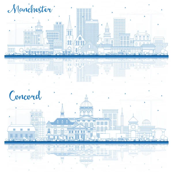 Outline Concord Manchester New Hampshire City Skyline Set Blue Buildings — 스톡 사진
