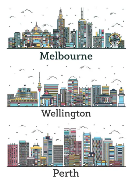 Umriss Wellington Neuseeland Perth Und Melbourne Australien City Skylines Set — Stockfoto