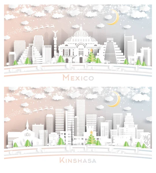 Kinshasa Congo Mexico City Skyline Set Paper Cut Style Snowflakes — Stock Photo, Image