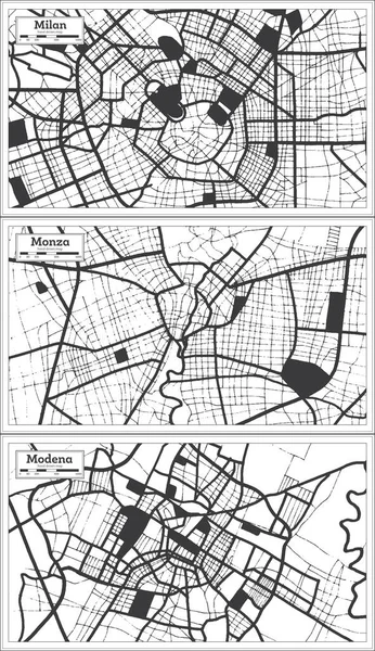 Monza Modena Och Milano Italien City Map Beläget Svart Och — Stockfoto