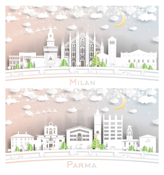 Kartaneleri Neon Garland Ile Parma Milan City Skyline Kağıt Kesiği — Stok fotoğraf