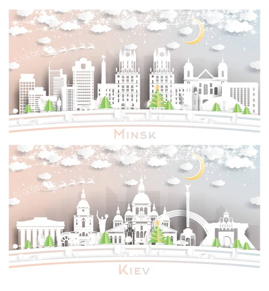 Kiew Ukraine Und Minsk Belarus City Skyline Paper Cut Stil — Stockfoto